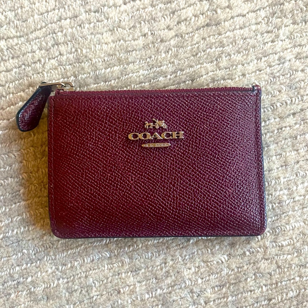 COACH Oxblood Mini Skinny ID Case Wallet Keychain Burgundy Leather Red Silver